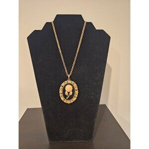 Vintage Enamel Rose Cameo Necklace